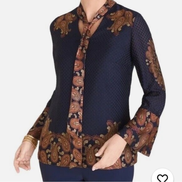 🌹Chico's Navy Blue and Brown paisley dot Tie Front pullover Blouse, size 2 (L) - Picture 1 of 15
